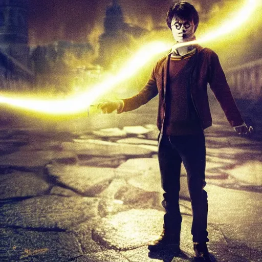 Prompt: Harry potter standing and holding a short wand, yellow light spell, side view, daniel radcliffe, thunderclouds, cinematic shot, wide shot, epic scale, photorealistic detail and quality, intricate cobblestone, magical particle effects, movie still, nighttime, crescent moon, sharp and clear, action shot, intense scene, visually coherent, symmetry, rule of thirds, movement, photorealistic colors, cool colors transitioning to warm colors, modest tone, award winning, directed by Steven Spielberg, Christopher Nolan, Tooth Wu, Asher Duran, artstation