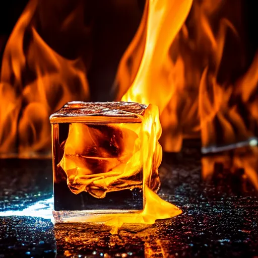 Image similar to High definition professional photography of an ice cube that is on fire, 8k, studio lighting