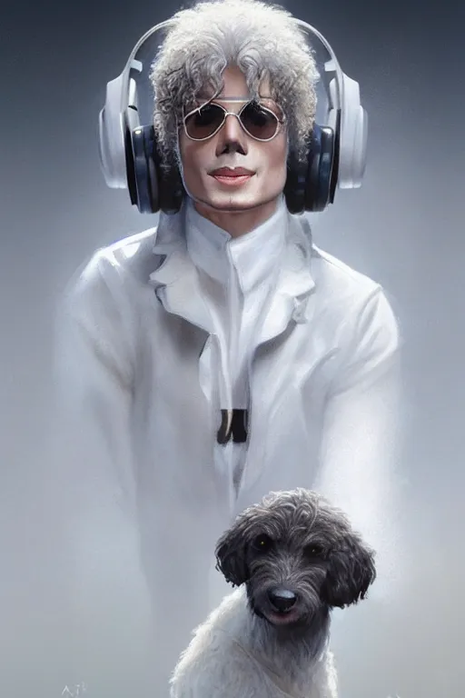 Prompt: portrait of a white michael jackson with a white cockapoo wearing headphones, anatomy, bathed in light, highly detailed, photorealistic, artstation, smooth, sharp focus, illustration, unreal engine 5, 8 k, art by artgerm and greg rutkowski and edgar maxence