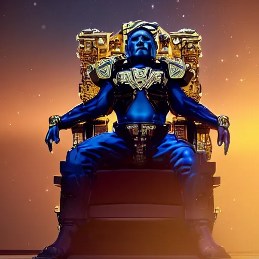 Image similar to God Emperor of the Galaxy sits upon his resplendent throne, highly detailed, sharp focus, artstation, volumetric lighting, cinematic, award winning