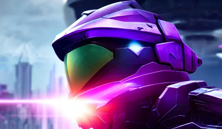 Image similar to cyberpunk halo helmet purple star visor floating in space with reflections, epic, dramatic, photorealistic, award winning, 8k,