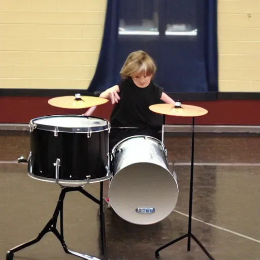 Prompt: the coolest kid in middleschool performing a super drum solo at the talent show