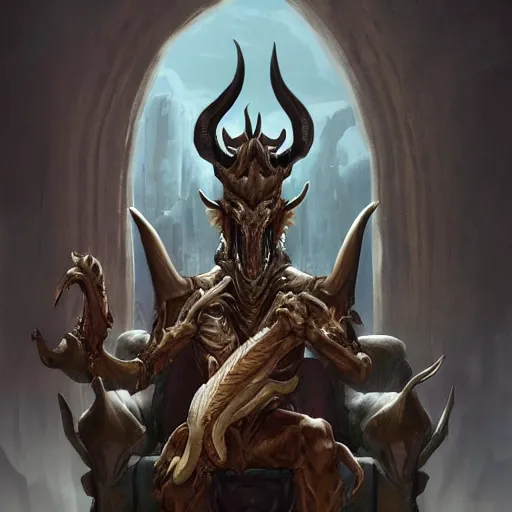 Image similar to concept art painting of a dragonlike anthropomorphic humanoid creature with a long dragon neck and horned skull mask, sitting on a throne, realistic, detailed, cel shaded, in the style of makoto shinkai and greg rutkowski and james gurney