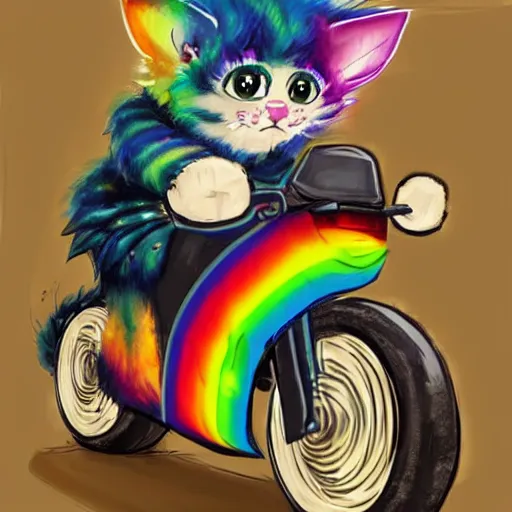 Image similar to wide angle full body, jacket wearing fluffy cute rainbow kitten wearing a black leather motorcycle jacket, riding on a motorcycle, cinematic concept art