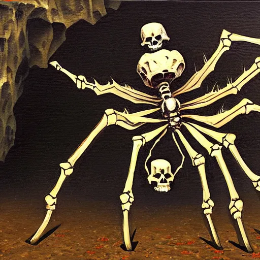 Image similar to spider jockey from Minecraft,giant spider and a human skeleton, the skeleton is mounting the spider, inside of a cave, oil painting