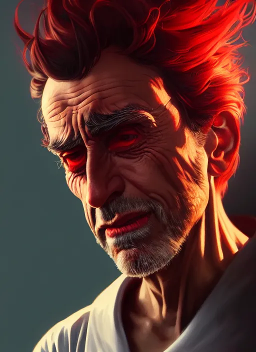 Prompt: ultra realistic illustration, handsome rick sanchez. dark red, blood, intricate, highly detailed, digital painting, artstation, concept art, smooth, sharp focus, illustration, art by artgerm and greg rutkowski and alphonse mucha and wlop