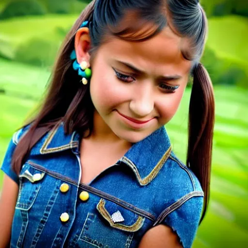 Prompt: a seven years old latin girl plays on a great green meadow, she wears a bolero, jeans and black boots, she has two ponytails, photo taken by a nikon, highly detailed, sharp focus