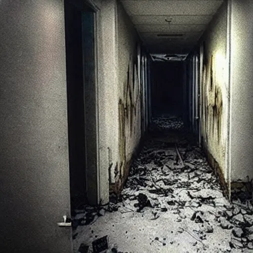 Image similar to eerie dark figure hidden in plain sight, abandoned hospital, creepy, scary