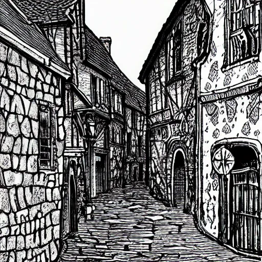 Prompt: a medieval town street, line art, black and white, illustration