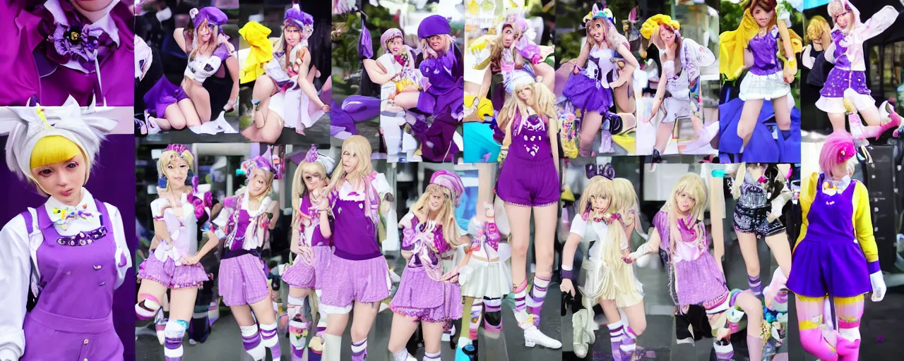 Image similar to A character sheet of a cute magical girl with short blond hair and freckles wearing an oversized purple Beret, Purple overall shorts, Short Puffy pants, pointy jester shoes, a big yellow scarf, and white leggings. Rainbow accessories all over.Photo Collage. Decora Fashion. harajuku street fashion. Cosplay. E-Girl. Kawaii Design. Intricate. Highly Detailed. Photorealistic. Sunlit