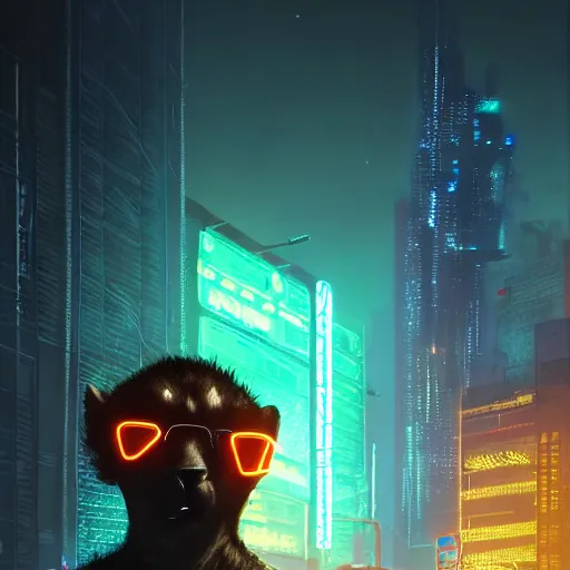 Image similar to a beautiful commission portrait of a male anthro cheetah wearing a neon jacket,futuristic,detailed face,mohawk,cyberpunk city,deviantart,artstation,art by greg rutkowski,ross tran,professional lighting,neon city,night,raytracing,highly realistic,4k,dramatic,hyperrealism