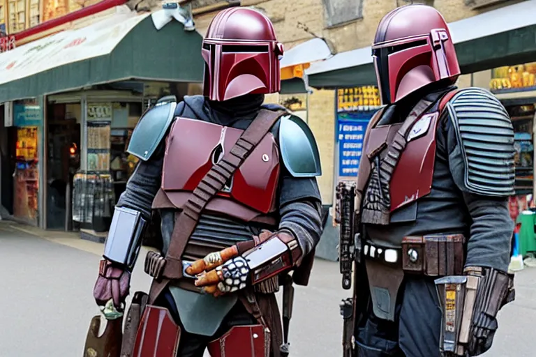 Prompt: lone mandalorian with a beer in front of polish shop, press photo