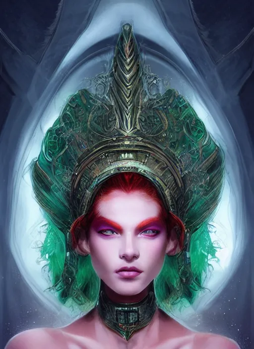 Prompt: sketch of cute gorgeous beautiful red haired smirking super model human - alien hybrid woman as futuristic aphrodite greek goddess wearing a holographic headdress, beautiful piercing gaze with green eyes and sharp pupils, sexy, in the style of greg rutkowski, fantasy, amazing detail, epic, elegant, smooth, sharp focus, front view