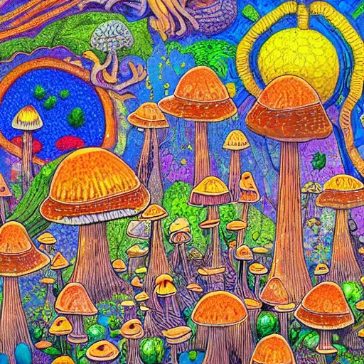 Image similar to city made of mushrooms and plant fauna, vivid color, 1 9 2 0 ’ s colored pencil, highly detailed, highly accurate, abstract art, deep aesthetic, 8 k, highly ornate intricate details, cinematic lighting, rich colors, ray tracing, hyperrealistic, photorealistic, cinematic landscape, trending on artstation,