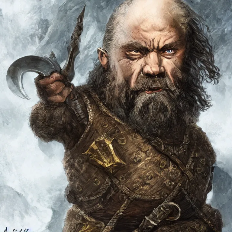 Prompt: handsome dwarf warrior in mountain, lord of the rings style, fantasy, poster, character portrait, portrait, close up, concept art, intricate details, highly detailed, full body, 8 k