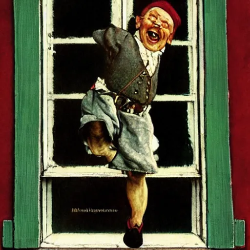 Prompt: close up portrait of dwarf jumping from window by norman rockwell, illustration, 5 0 mm lens,