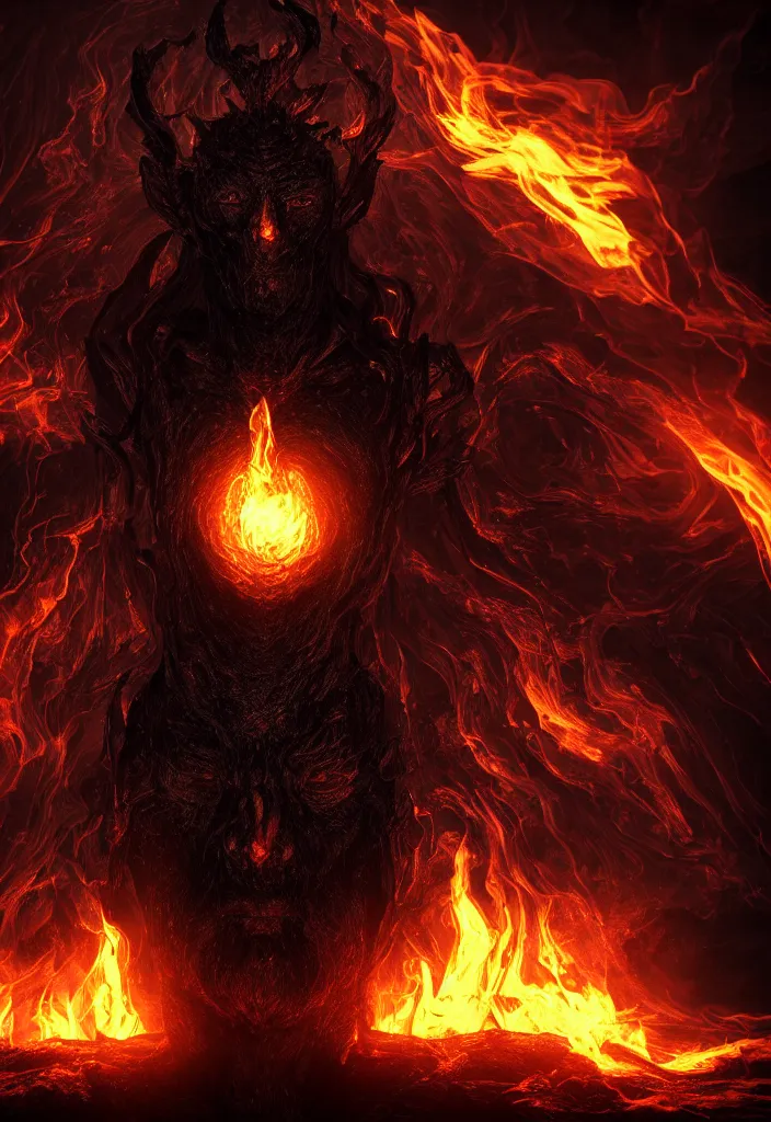 Image similar to the dark deity is reborn from the fire, dark and mysterious, atmospheric, ominous, eerie, cinematic, cinematic, 4k, ultra detail, ultra realistic