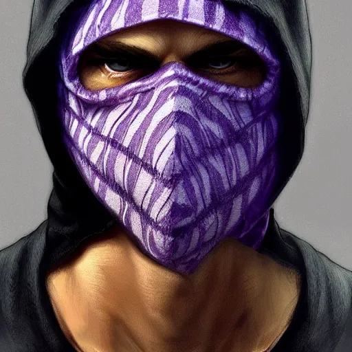 Image similar to ultra realistic illustration, man in a black hood, in a striped purple balaclava, mysterious, highly detailed, digital painting, artstation, concept art, smooth, sharp focus, illustration, art by artgerm and greg rutkowski and alphonse mucha