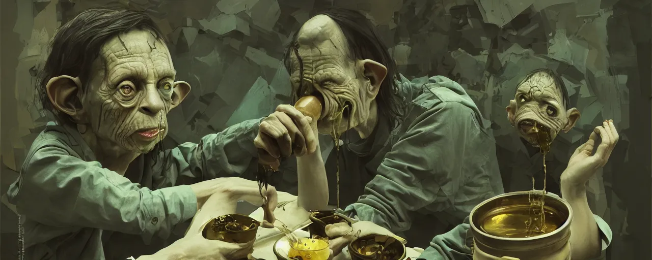 Image similar to duotone olive illustration 3 / 4 portrait of gollum drinking yerba mate from metal cup symmetrical composition accidental renaissance golden ratio. by sachin teng and sergey kolesov and ruan jia and heng z. graffiti art, scifi, fantasy, hyper detailed. octane render. concept art. trending on artstation