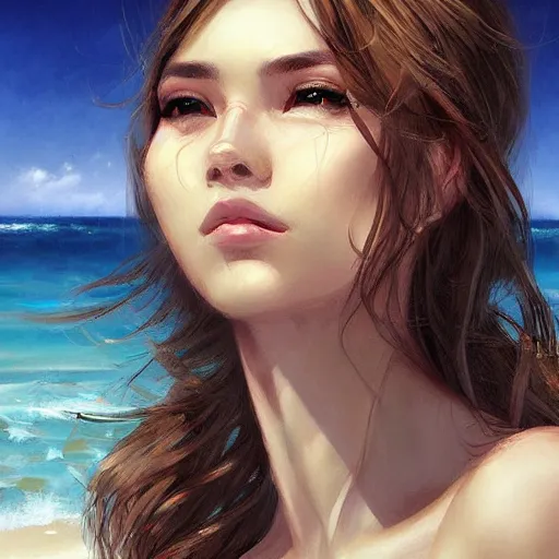 Prompt: portrait of beautiful woman on the beach, digital painting by wlop, rossdraws, artgerm.