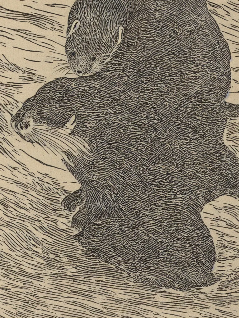 Prompt: print of an otter, Japanese wood cut