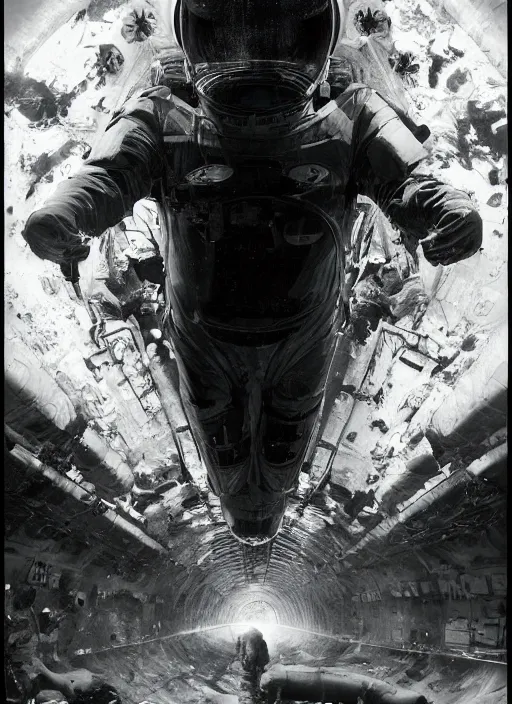 Image similar to astronauts in dark and empty void underwater - complex and hyperdetailed technical suit. reflection and dispersion materials. rays and dispersion of light. volumetric light. 5 0 mm, f / 3 2. noise film photo. flash photography. ultra realistic, wide angle. poster by wayne barlowe, hajime sorayama aaron horkey, craig mullins
