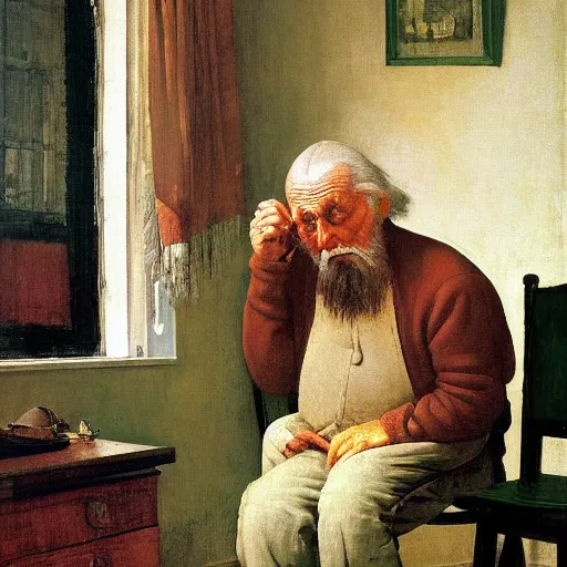 Image similar to weeping desperate grandpa trying to figure out how to order an online pizza sitting in his small room glaring at his lenovo thinkpad laptop t 4 1 0 8 gb ram norman rockwell leonardo da vinci giotto jamie wyeth greg rutkowski winslow homer thomas eakins lucian freud edward hopper j. m. w. turner oil painting