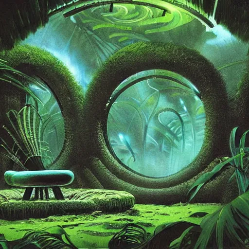 Image similar to alien artifacts in the jungle, lost alien tech, ancient alien tools and houses, tropical forest, moss, glowing alien circles and monuments, alien relic, syd mead, john harris, art station