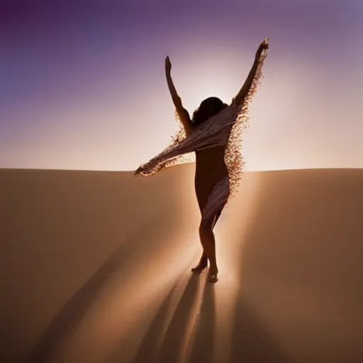 Prompt: filmstill photography of female body sulhouette covered with curly white translucent blanket blowing in wind, acrylic liquid colors, luxurious supermodel photoshooting, golden jewelry, bokeh, godrays, strong wind, wrinkles, sunrays, sunset, lens flares, monet, painting by renoir, cold colors, sand dunes