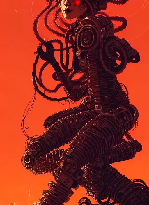 Image similar to highly detailed portrait of wasteland punk long curly fire hair tribal lady, stray wiring by atey ghailan, james gilleard, by joe fenton, by greg rutkowski, by greg tocchini, by kaethe butcher, 4 k resolution, gradient red, orange, black and white color scheme!!! ( ( flaming robotic dystopian city spiral background ) )