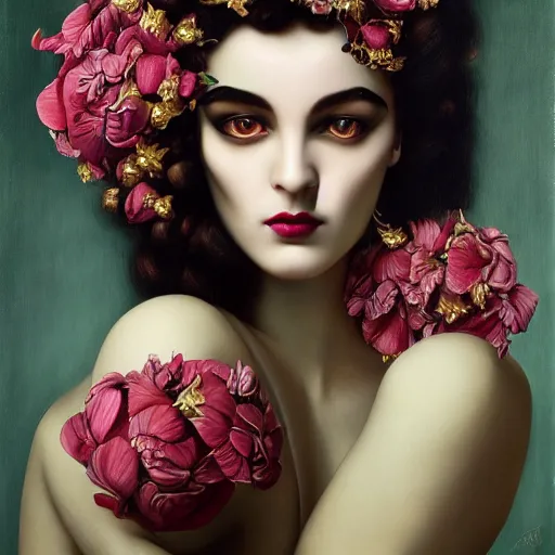 Image similar to dynamic composition, a painting of a woman with hair of flowers and raven plummage wearing ornate earrings, a surrealist painting by tom bagshaw and jacek yerga and tamara de lempicka and jesse king, featured on cgsociety, pop surrealism, surrealist, dramatic lighting, wiccan, pre - raphaelite, ornate gilded details