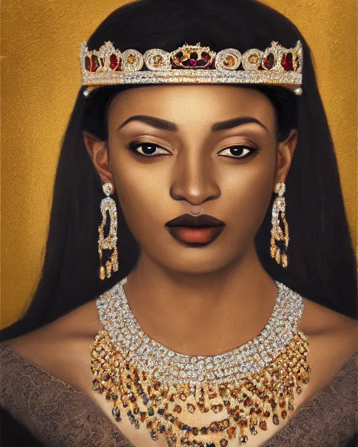 Prompt: realistic portrait of a queen, dark, gold and silver ornaments, facing camera, photo realistic, detailed, 1 4 5 0, delicate, hyper realism, ultra realistic, matte painting, 8 k