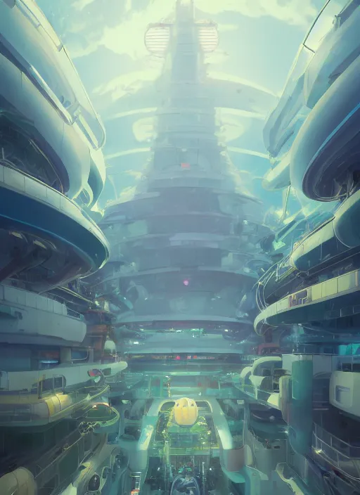 Image similar to cruise ship with vertical farm, nuclear powered, detailed, futuristic, cory loftis, james gilleard, atey ghailan, makoto shinkai, goro fujita, studio ghibli, rim light, exquisite lighting, clear focus, very coherent, plain background