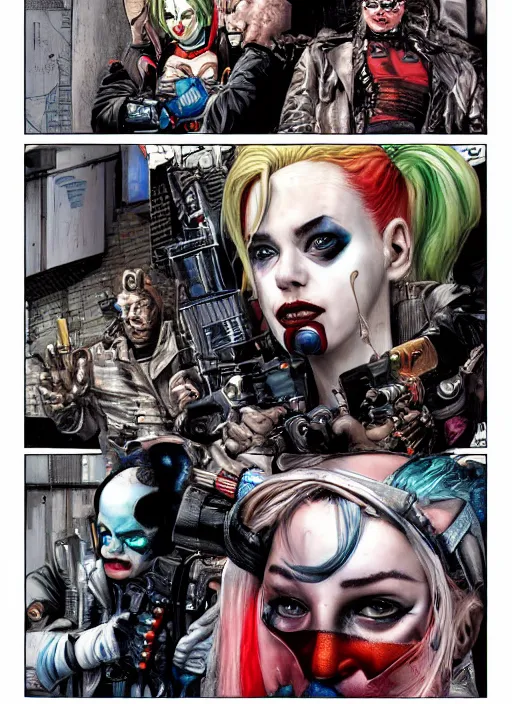 Image similar to a dream portrait of cyberpunk Harley Quinn in post apocalyptic Gotham art by Paul Dini, Travis Charest, Simon Bisley, centered in frame