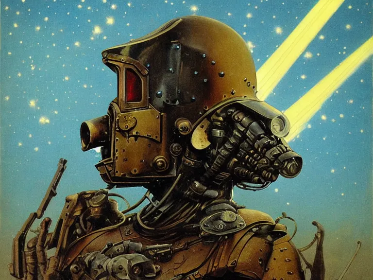 Image similar to a detailed profile painting of a bounty hunter in cloth and metal armour and visor. WW1 cinematic sci-fi poster. Cloth and metal. Welding, fire, flames, samurai Flight suit, accurate anatomy portrait symmetrical and science fiction theme with lightning, aurora lighting clouds and stars. Clean and minimal design by beksinski carl spitzweg giger and tuomas korpi. baroque elements. baroque element. intricate artwork by caravaggio. Oil painting. Trending on artstation. 8k