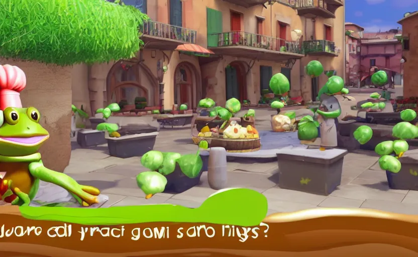 Image similar to ps 4 game about a cute frog chef in italy, unity screenshot,