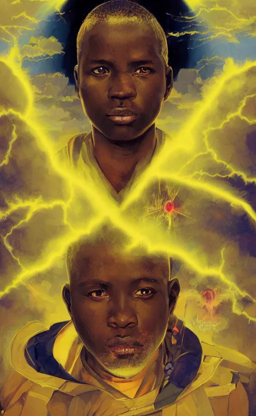 Image similar to upper half portrait of an african in yellow cape - inside the clouds - surrounded by bolts of lightning - rays of light emanating from clouds - in drew struzan movie poster style, art by drew struzan & hsiao - ron cheng, highly detailed, digital painting, ray tracing, illustration, smooth, sharp focus, intricate, symmetry, artstation,