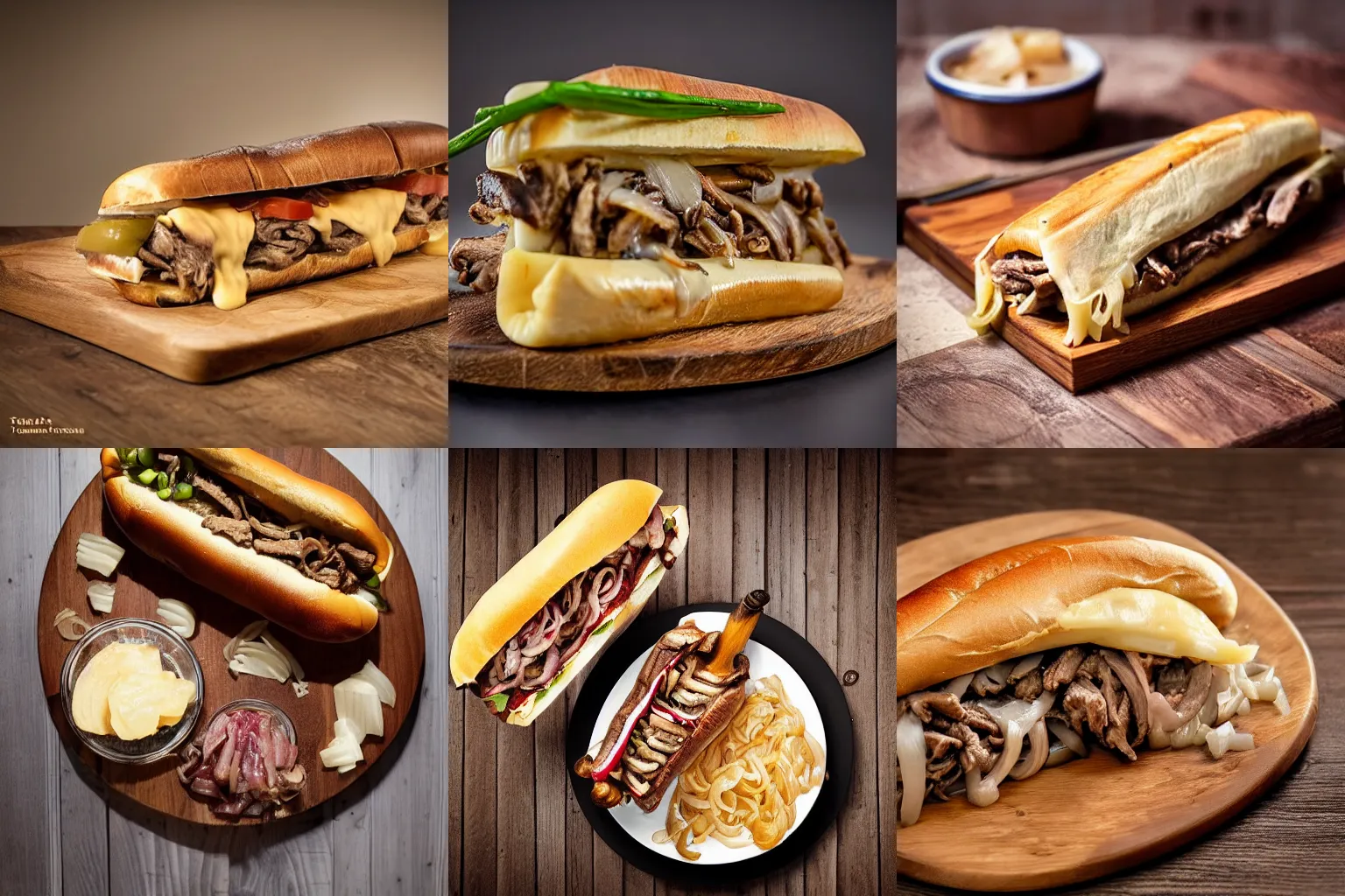 Prompt: A gourmet cheesesteak, on a wooden plate with melted cheese, onions, centered, dynamic lighting, food photography, pinterest, by Mauro Turatti, Ultra-detailed, 8K, SLR camera, V-ray render 4K, realistic, cinematic, clean