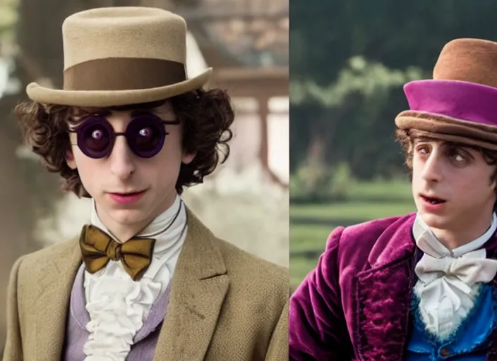 Image similar to film still of 26 year old Timothée Chalamet age 26 26 years old age 26 as Willy Wonka in new Willy Wonka movie, 4k