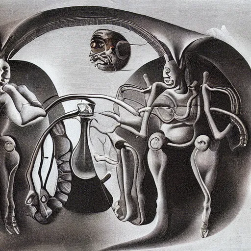 Image similar to Two mechanical beings in a deep conversation. Dali.