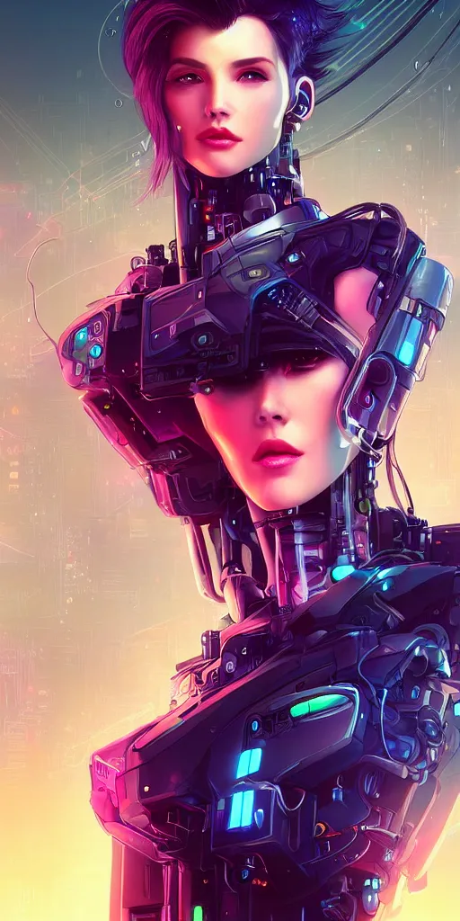 Prompt: beautiful, young woman, cybernetic, cyberpunk, wires, cables, halo, glow, bladerunner city in the background, detailed gorgeous face, flowing hair, vaporwave aesthetic, synthwave , digital painting, artstation, concept art, smooth, sharp focus, illustration, art by artgerm and greg rutkowski and alphonse mucha