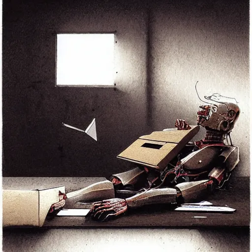 Image similar to A cyborg holding a cardboard box full of desk items at a desk by Beksinski, Greg Rutkowski