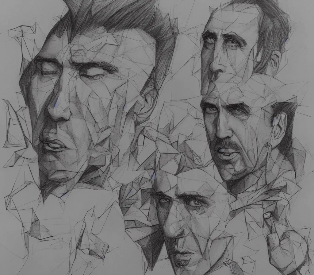 Image similar to many sketches of nicholas cage, on a notebook page, pencil, by Peter Mohrbacher technical drawing
