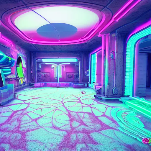 Image similar to futuristic, neon, intricate, vaporwave, pastel colors, hd 8 k, unreal engine, abandoned, overgrown, candy shop