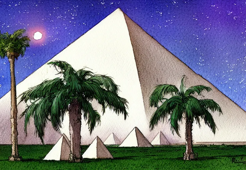 Prompt: a simple watercolor fantasy concept art of several large white pyramids with a dark grey boxy ufo from independence day ( 1 9 9 6 ) next to a palm tree at night with white pyramids in the background. by studio ghibli, rebecca guay, michael kaluta, charles vess