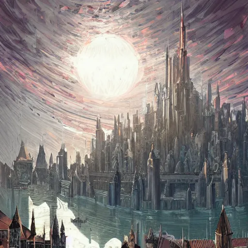 Prompt: A beautiful painting of Anor Londo by Mauro Belfiore, bright colors and bold lines, geometric shapes and patterns, distinctively modern look.