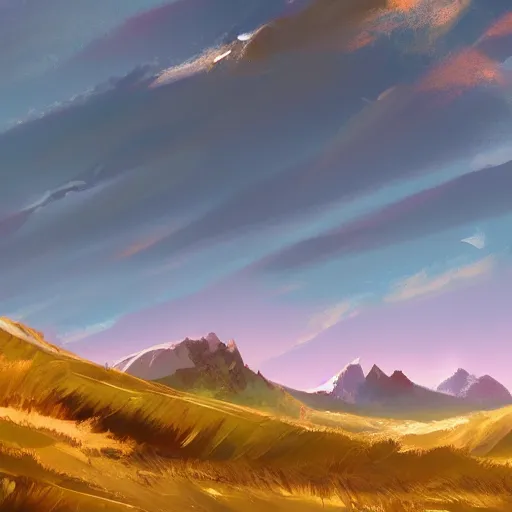 Image similar to mountain landscape, craggy mountains, panoramic, painting, color palette, beautiful sky, sharp peaks, soft foothills, artstation award, highly detailed