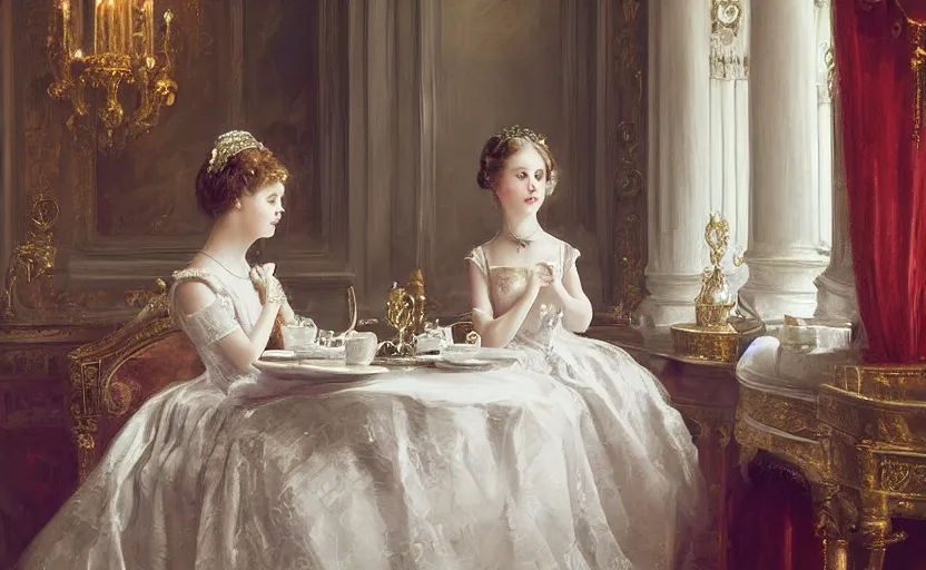 Image similar to Young victorian princess drinking tea on the royal palace dining room. By Konstantin Razumov, fractal flame, chiaroscuro,highly detailded