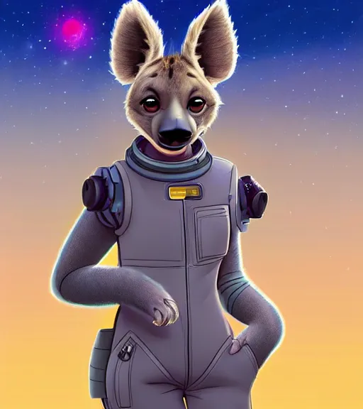 Image similar to digital detailed full body of anthromorphic female hyena, in style of zootopia, zootopia, zootopia, fursona, furry, furaffinity, 4 k, deviantart, wearing astronaut outfit, in style of zootopia, floating in space, space background, in deep space, dark background, hyena fursona, cyberpunk, female, stylized face,