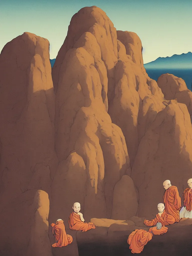 Image similar to weird strange albino monks vampires holding sphynx cats in a strange eerie mountain landscape, by kawase hasui, moebius, edward hopper, colorful flat surreal design, dramatic lighting, hd, 8 k, artstation